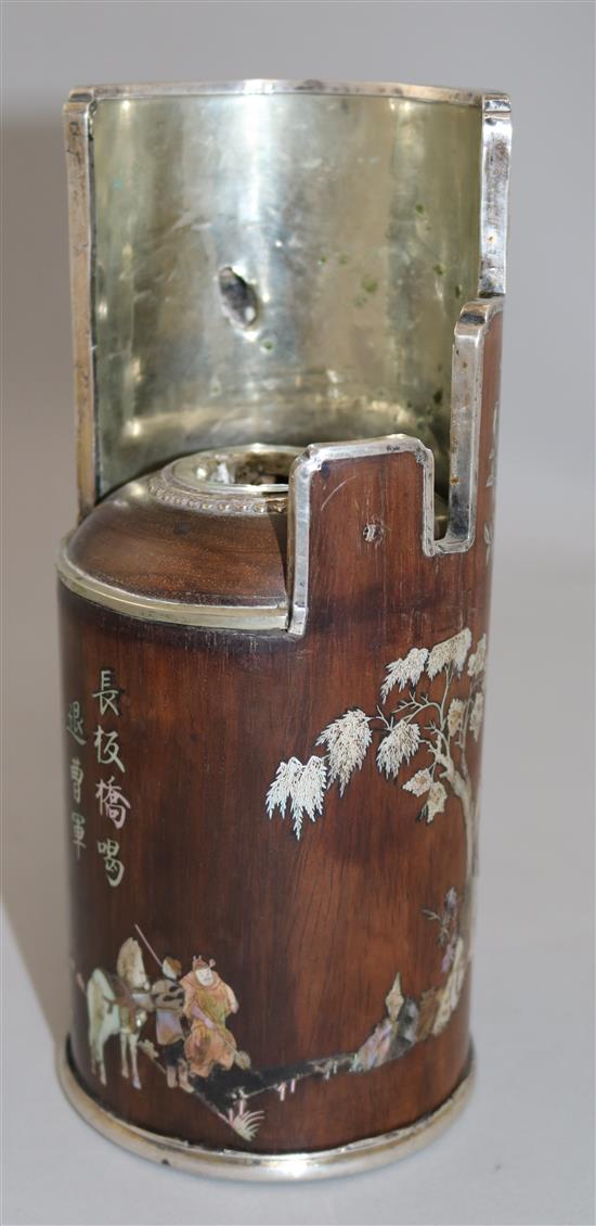 A Chinese rosewood and mother of pearl inlaid pipe holder, 21cm